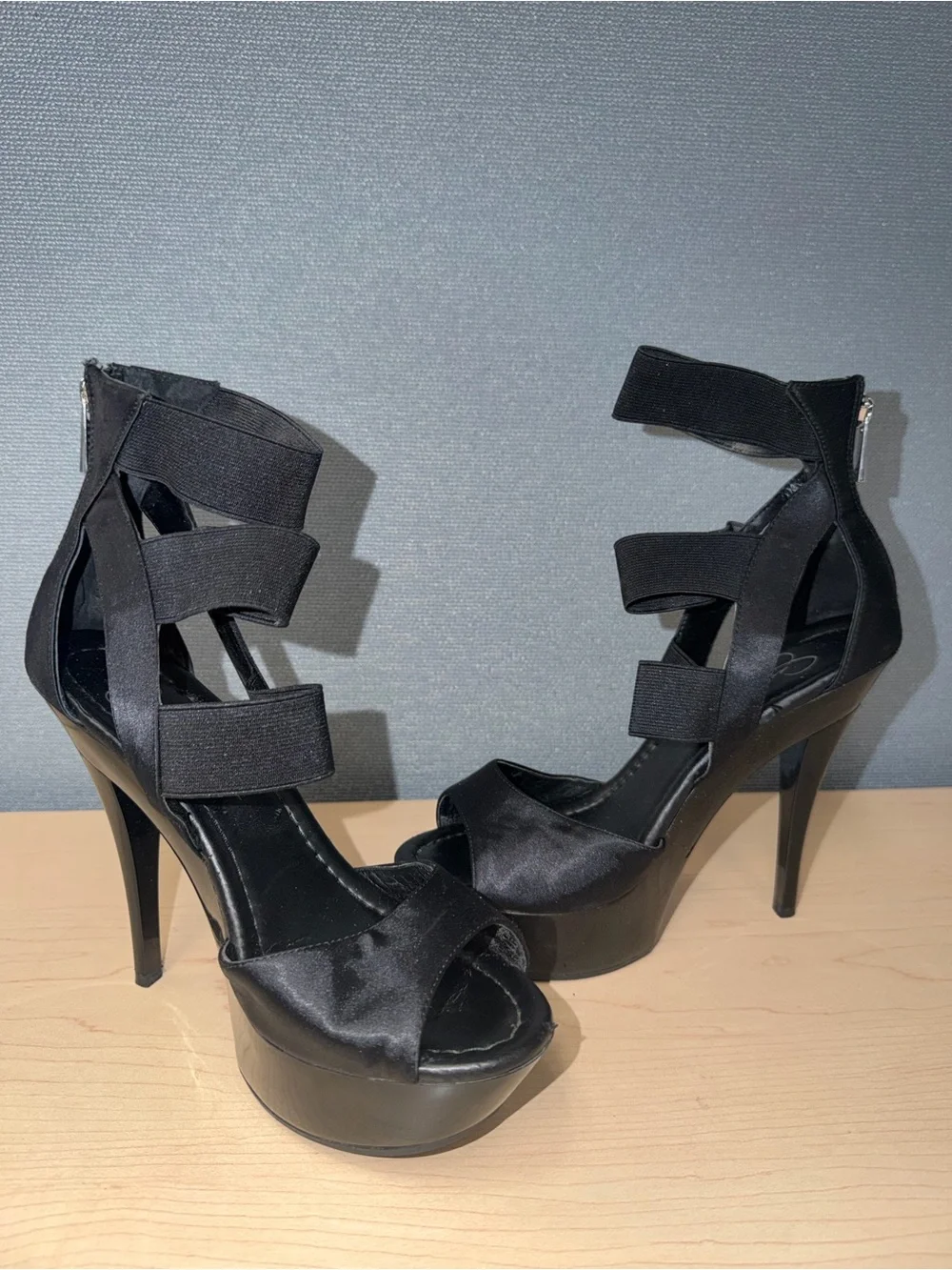 Jessica Simpson Black Satin Strappy Platform Heels
